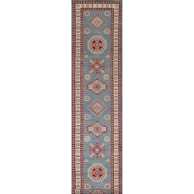 Light Blue Kazak Oriental Runner Rug Handmade Wool Carpet - 2'10" x 15'0"