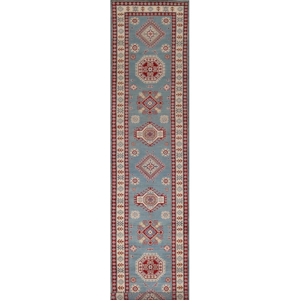 Light Blue Kazak Oriental Runner Rug Handmade Wool Carpet - 2'10" x 15'0"