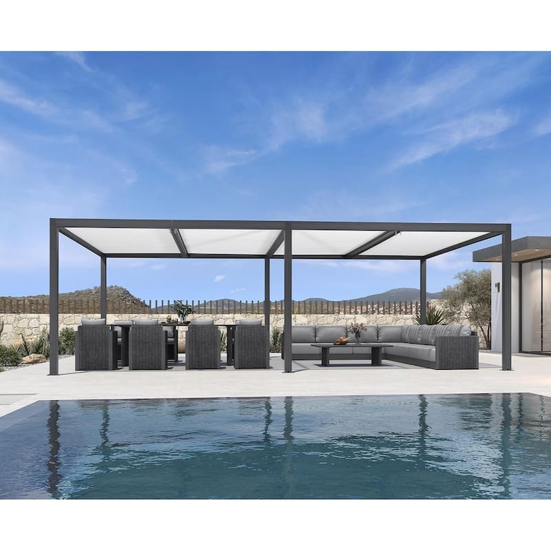 PURPLE LEAF Louvered Pergola Outdoor Aluminum Pergola with Adjustable Roof for Patio Hardtop Gazebo - 14' x 24' - Grey Frame & White Roof