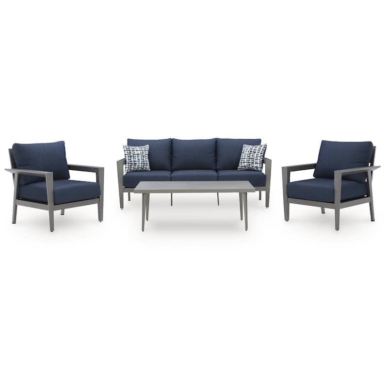 Signature Design by Ashley Gali Gray/Blue Outdoor Sofa/Chairs/Table Set (Set of 4) - 78.25" W x 33.25" D x 36.25" H