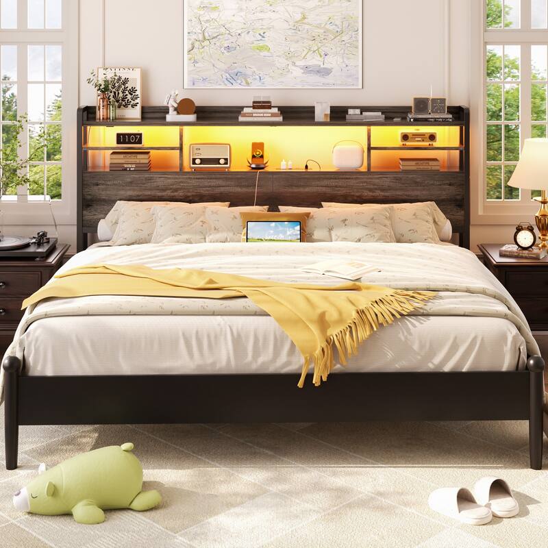 Storage Headboard with USB Port and Power Outlet, Head Board with LED Light for Bed Frame