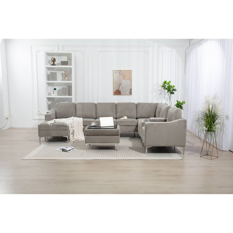 129.14" Corduroy Modular Sectional Sofa with 2 Ottomans