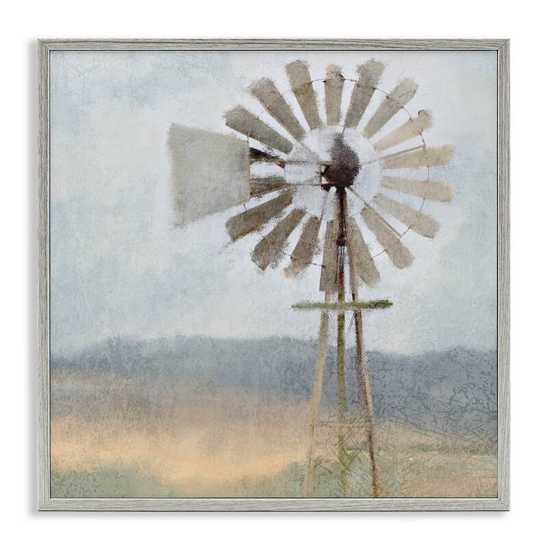 Stupell Neutral Blue Windmill Breeze Farmyard Painting, Framed Giclee, 12 x 1.5 x 12, Made in USA - Multi-color - 24 x 24 - Grey