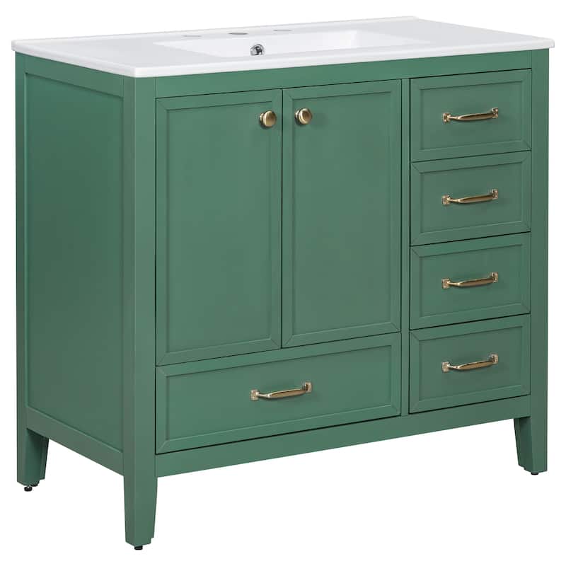 Single Sink Bathroom Vanity Cabinet with 4 Drawers, Cabinet Base & Ceramic Basin Set, 36 Inch