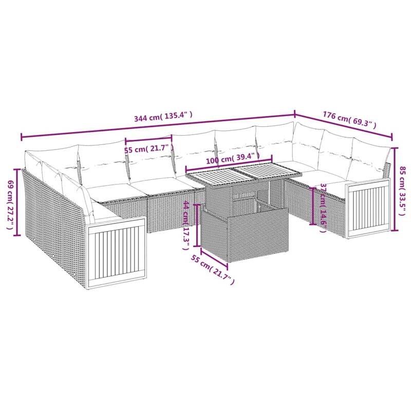 vidaXL Patio Sofa Set with Cushions Outdoor Furniture 11 Piece Poly Rattan - 21.7 x 39.4 x 28.7 in