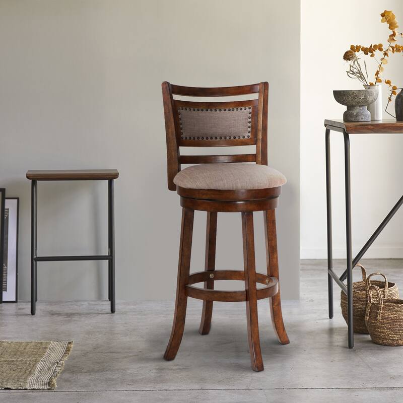 Curved Swivel Barstool with Fabric Padded Seating, Brown and Beige