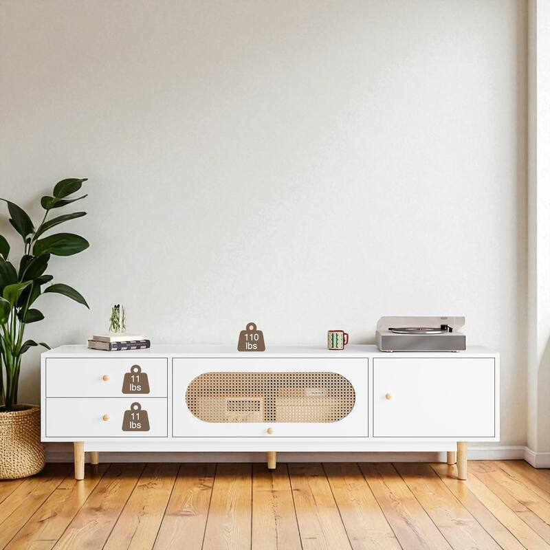 70 Inch Modern TV Stand with Rattan Accents, Drawers and Cabinets, Entertainment Console for TVs Up to 80 Inch