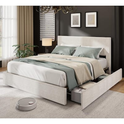 Platform Bed with 4 Storage Drawers, Tufted Wingback Upholstered Headboard, Strong Wood Slat Support