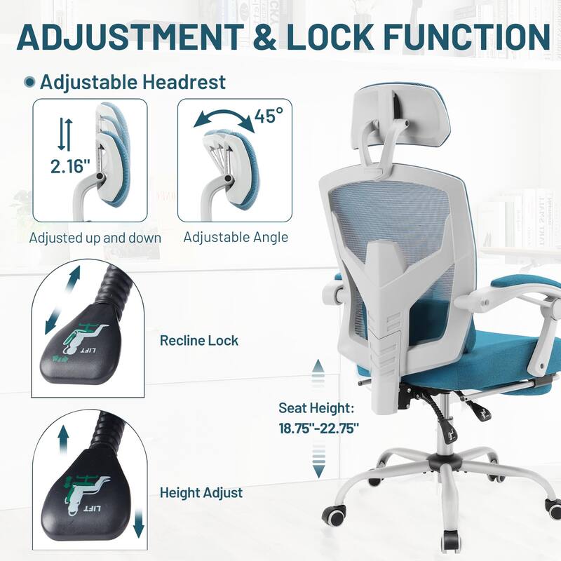 Ergonomic Office Chair with Footrest, High-Back Mesh Rolling Swivel Reclining Chairs Computer Desk Seat