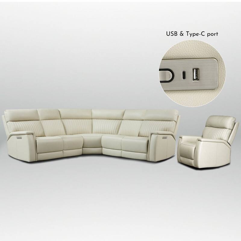 105" W Genuine Leather Power Reclining Sectional and Recliner Sofa Set with USB&USB-C Port, 2 Stationary Armlesschairs