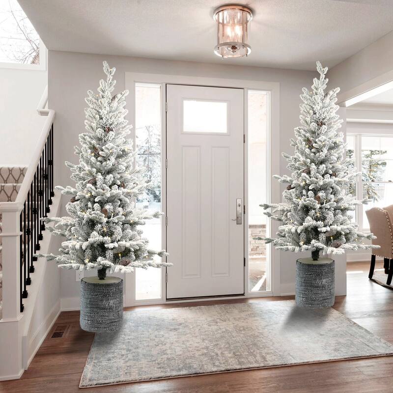 Pre-Lit Flocked Tabletop Tree - Warm White LED Lights, PE+PVC Branches, Pine Cones, Pot Base - White+Green