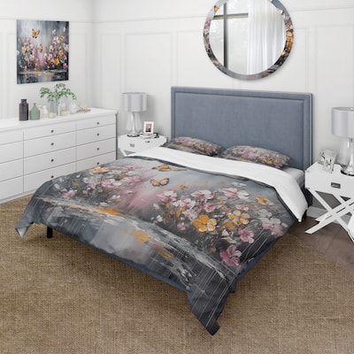 Designart "Flowers With White Butterflies II" Pink Traditional - Bedding Cover Set With Shams