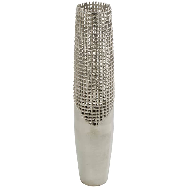 Silver Aluminum Metal Tall Grid Inspired Decorative Vase with Open Frame Design - 6"W, 29"H