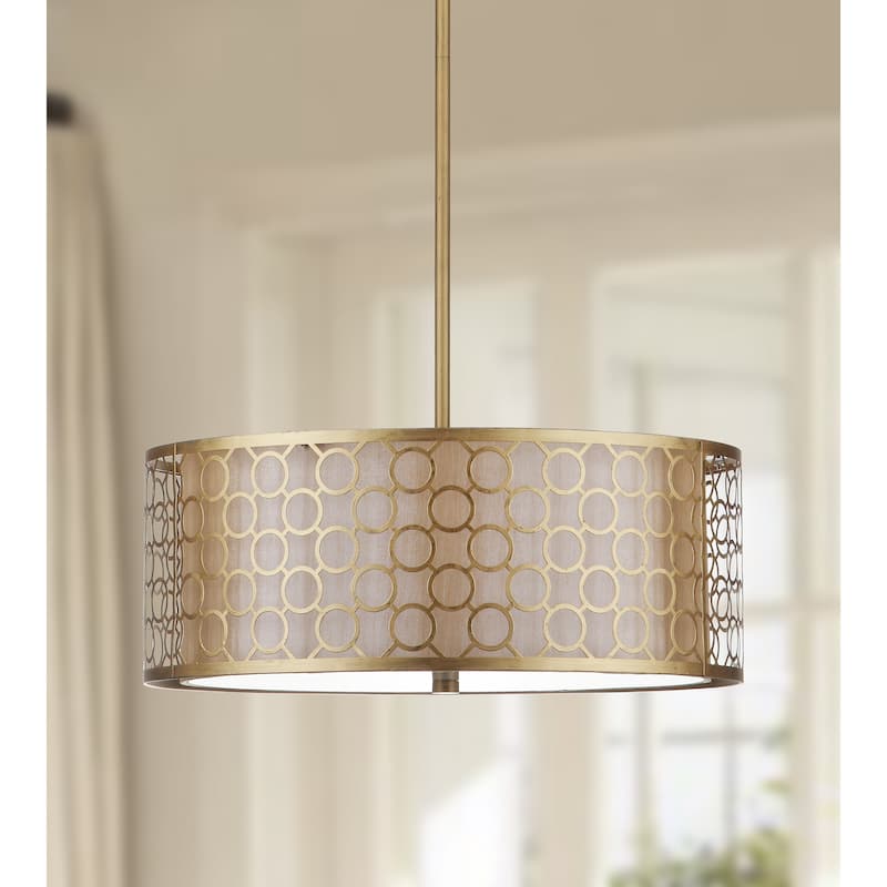 SAFAVIEH Lighting Kellee Adjustable 3-Light Gold Drum Pendant - 18"x18"x9.25-45.25" - Antique Gold - 18Wx18Dx45H