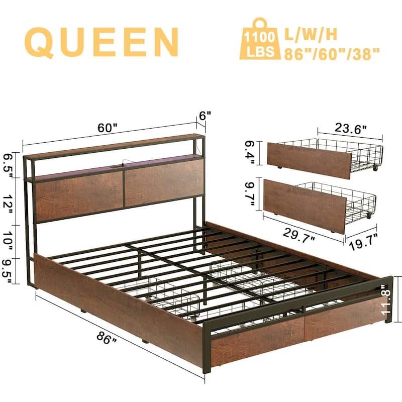 Modern Platform Bed Frame with LED Lights Storage Headboard Drawers USB and AC Outlets Wood Grain Finish