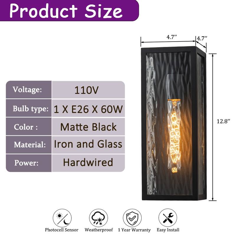 Crafthome H13" 1-Light Modern Black Outdoor Wall Sconce with Water Ripple Glass and Dusk to Dawn Sensor Open Bottom - W5"