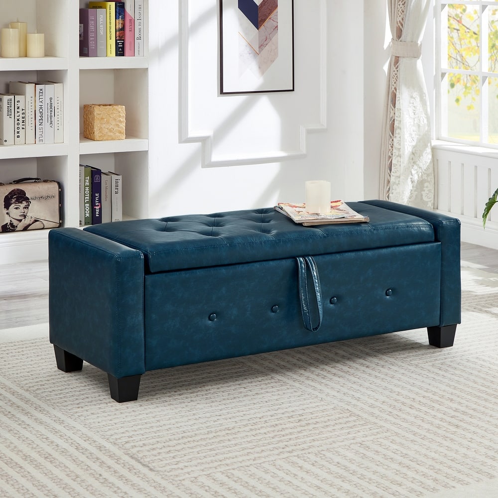 Ottoman Bench with Storage, Tufted Upholstered Storage Bench, PU Leather Rectangle Entryway Bench for Bedroom, Living Room