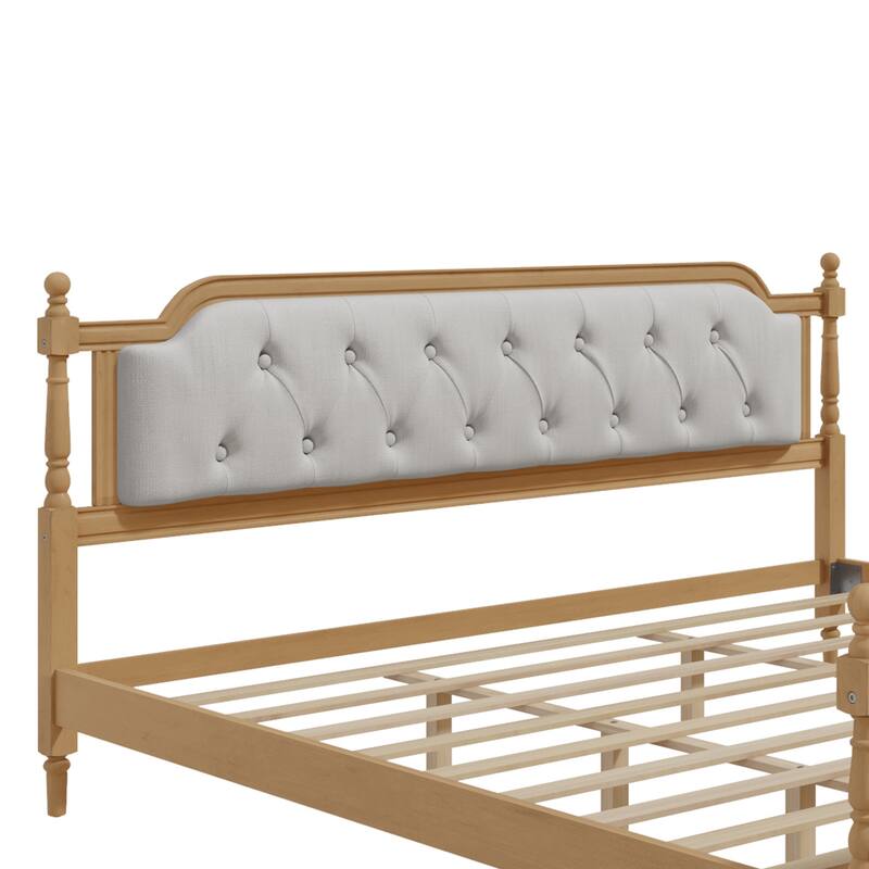 King Size Platform Bed with Tufted Headboard Solid Pine Wood Frame
