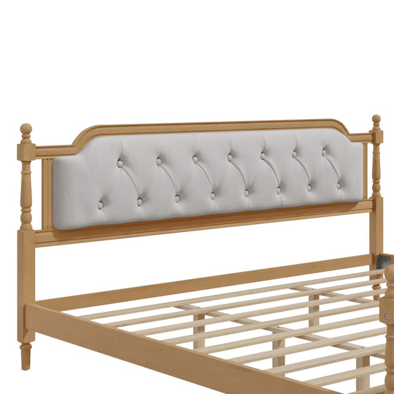 King Size Solid Wood Bed Frame with Tufted Upholstered Headboard, No Box Spring Needed, Walnut Finish
