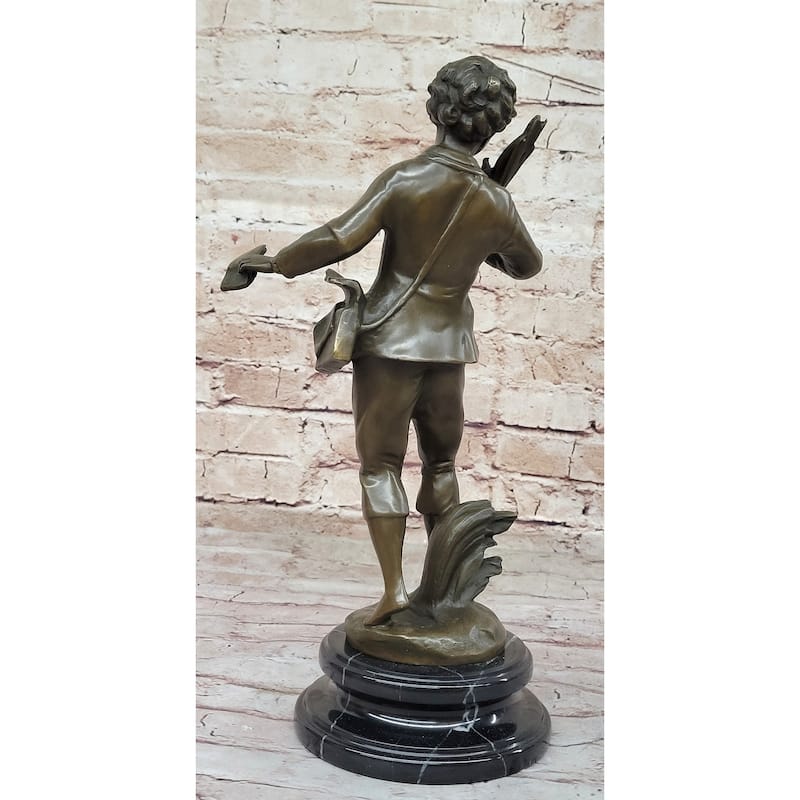 Young School Boy Carrying Supplies - 19Th Century Reproduction Sculpture After Bruchon