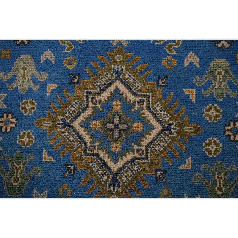 Blue Geometric Kazak Rug Handmade Oriental Wool Carpet - 3'4" x 5'0"