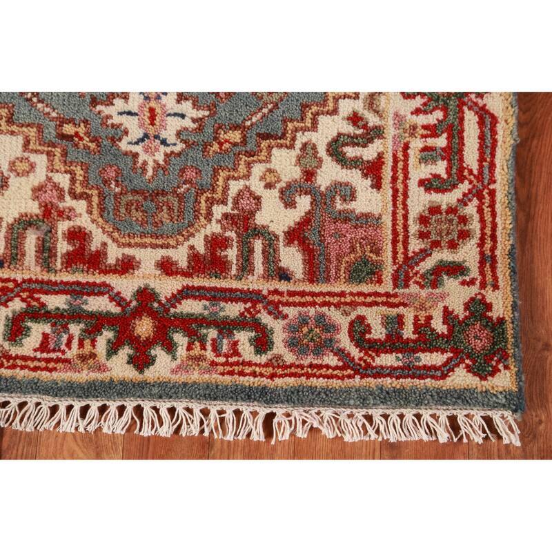 Hand Knotted Oriental 100% Wool Carpet Traditional Geometric Greys & Charcoal Heriz (serapi) Runner Rug - 8' 2'' X 2' 6''