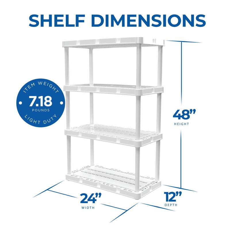 Gracious Living 4 Shelf Knect-A-Shelf Fixed Height Light Duty Storage Unit,White - 24 x 12 x 48 inches