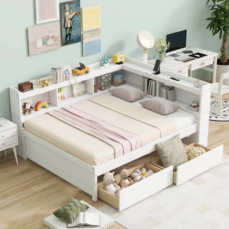 Full Size L-Shaped Bookcase Bed with USB Charging Ports and Storage Drawers - White