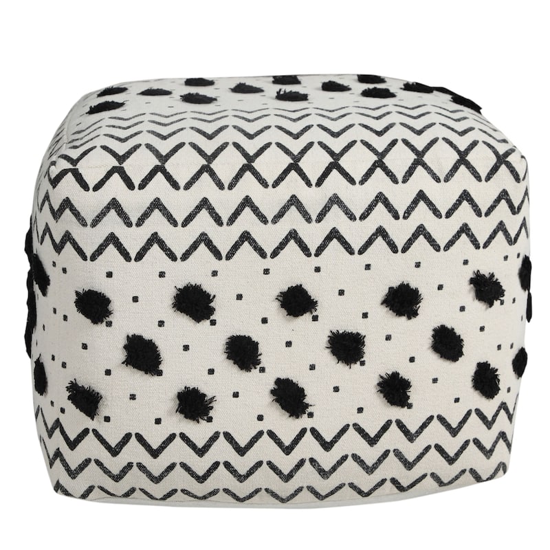 18" White and Black Geometric Arrow Square Pouf Ottoman