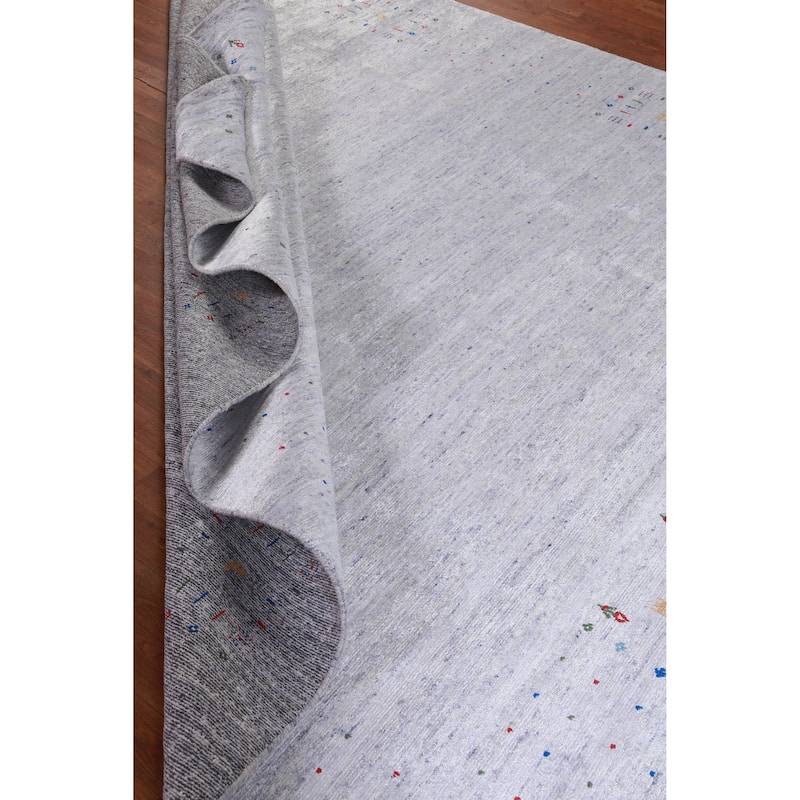 Hand Knotted Oriental Viscose Silk Carpet Tribal Stripe Greys & Charcoal Gabbeh Area Rug - 9' 8'' X 8' 2''