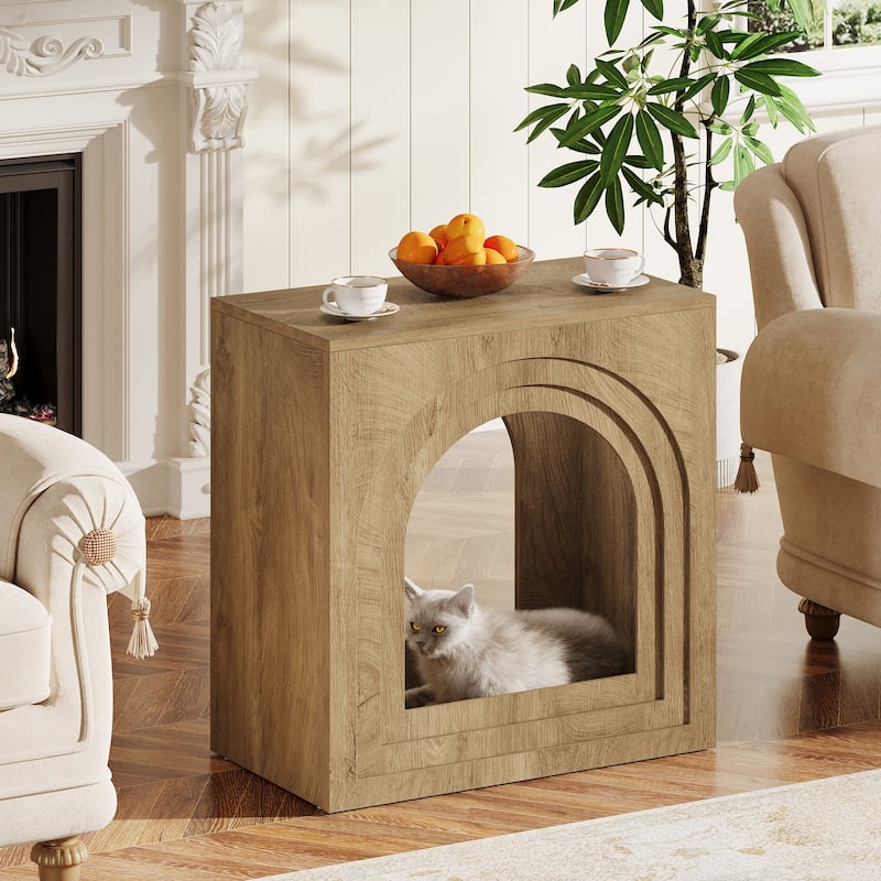 Square End Table, 2-Tier Farmhouse Side Table with Arched Open Shelf