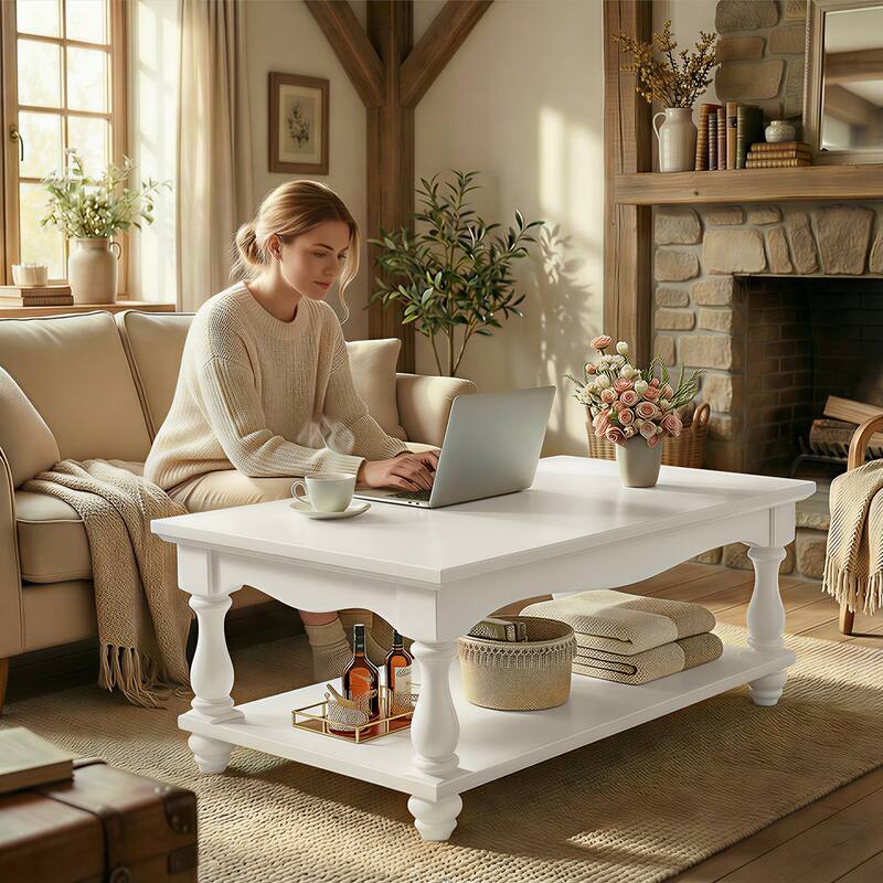 French Country Coffee Table with Storage Shlef, Farmhoues Retangular Living Room Table