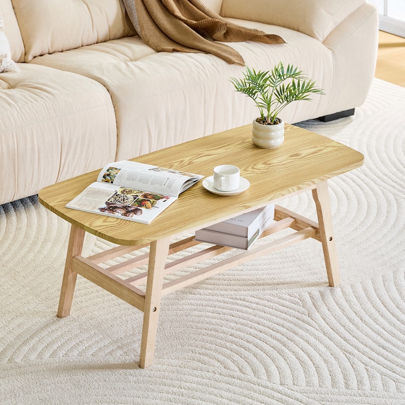 Solid Wood Coffee Table - 2-Tier Wooden Center Coffee Table with Storage Shelf for Living Room, Apartment, and Office