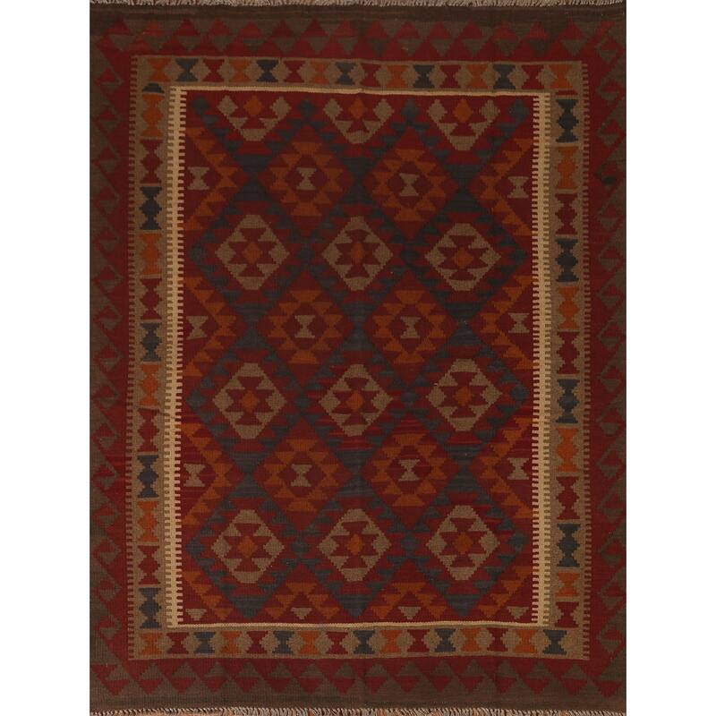 Tribal Geometric Kilim Area Rug Hand-woven Oriental Wool Carpet - 5'5" x 6'7"