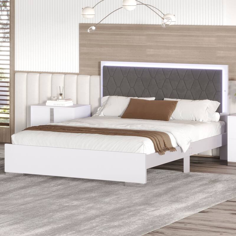 Modern Platform Bed with with Velvet Headboard
