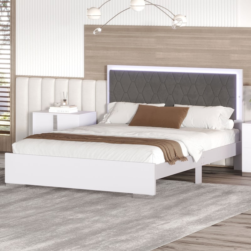 Queen Size Upholstered Platform Bed with LED Light and Velvet Headboard