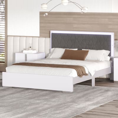 Queen Size Upholstered Platform Bed with LED Light and Velvet Headboard