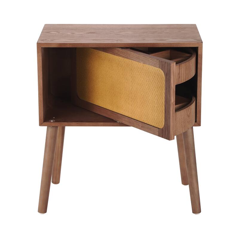 Rotating Hidden Compartment Nightstand for Bedroom, Mid Century Modern Rattan Bedside Table End Table with Wood Legs