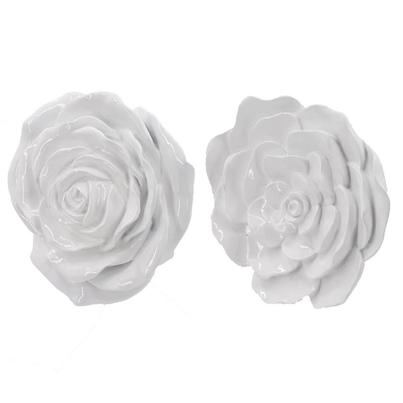 Dazzle 7, 8 Inch Rose Hanging Wall Accent Set of 2, White Resin 3 Dimensional