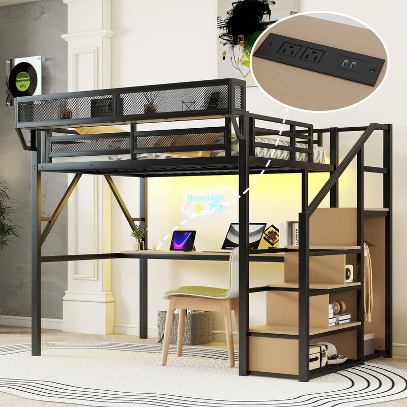 Full Metal Loft Bed with Desk, Charging Station, Stairs & Light - Black