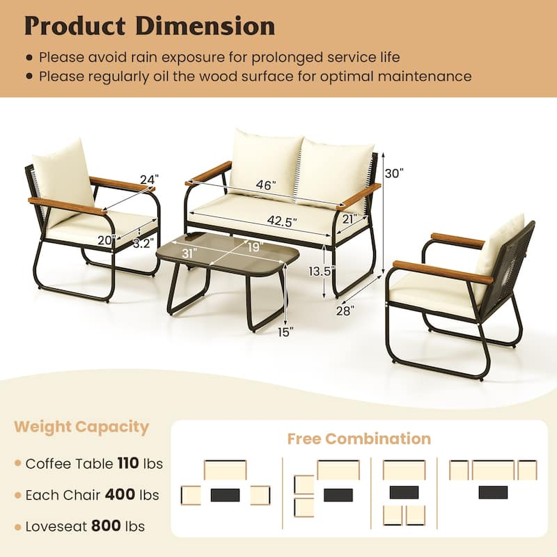4 Piece Black Rattan Metal Patio Set with Off White Cushions and Wood Arms - 31" x 19" x 15"