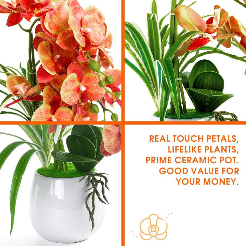 Artificial Orchid Plants and Flowers with Vase, Fake Faux Orchid in Ceramic Pot,19", Orange