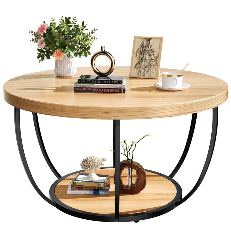 31.5 Inch Round Coffee Table 2 Tier Wood with Storage Modern for Living Room Kitchen - Wood