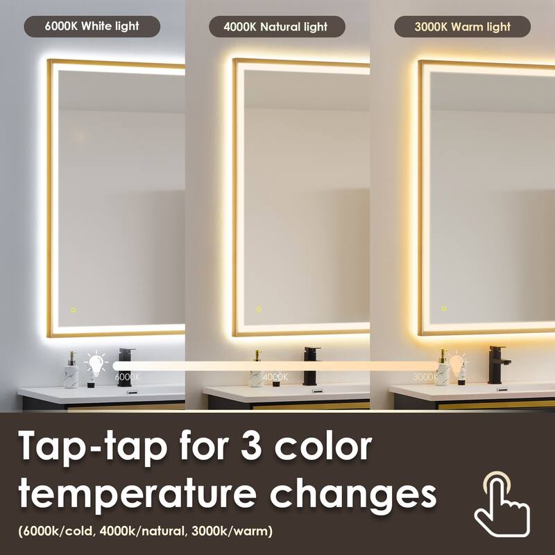 Apollo Rectangular Anti-Fog Dimmable Modern Bathroom/Vanity LED Lighted Wall Mirror in Brushed Gold Aluminum Framed