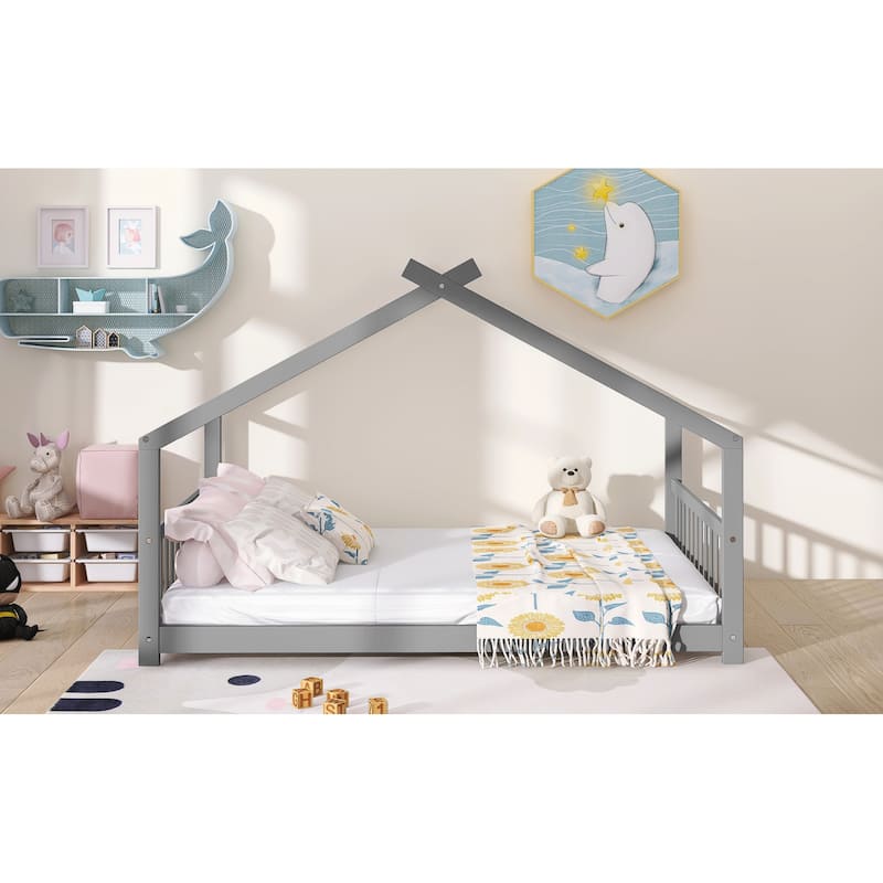 Full Pine House Platform Bed with Headboard & Footboard