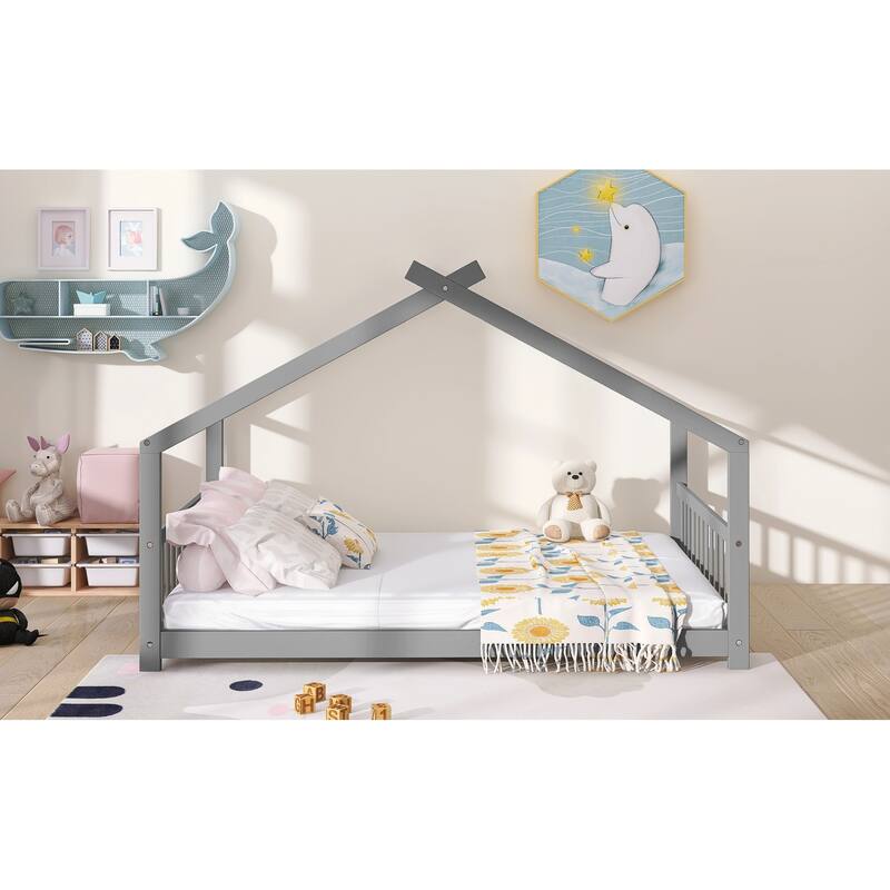 Full Size House Bed with Roof, Pinewood Frame, for Kids' Play and Sleep