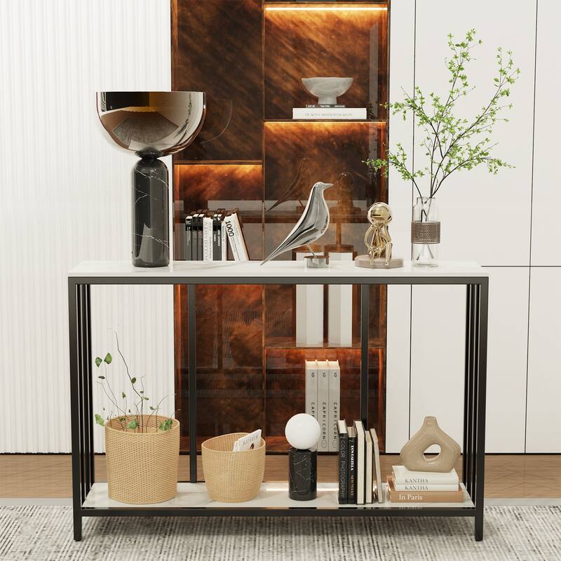 Marble Console Table 2 Tier with Metal Frame Sofa Storage Table - 47.2x11.8x30.7 inch