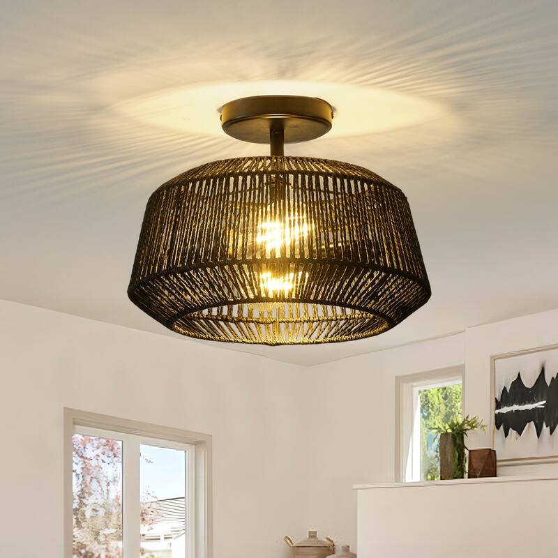 Starsky 2-Light Modern Bohemian Ceiling Light Drum Semi Flush Mount with Natural Handmade Rope Paper Shade - Black