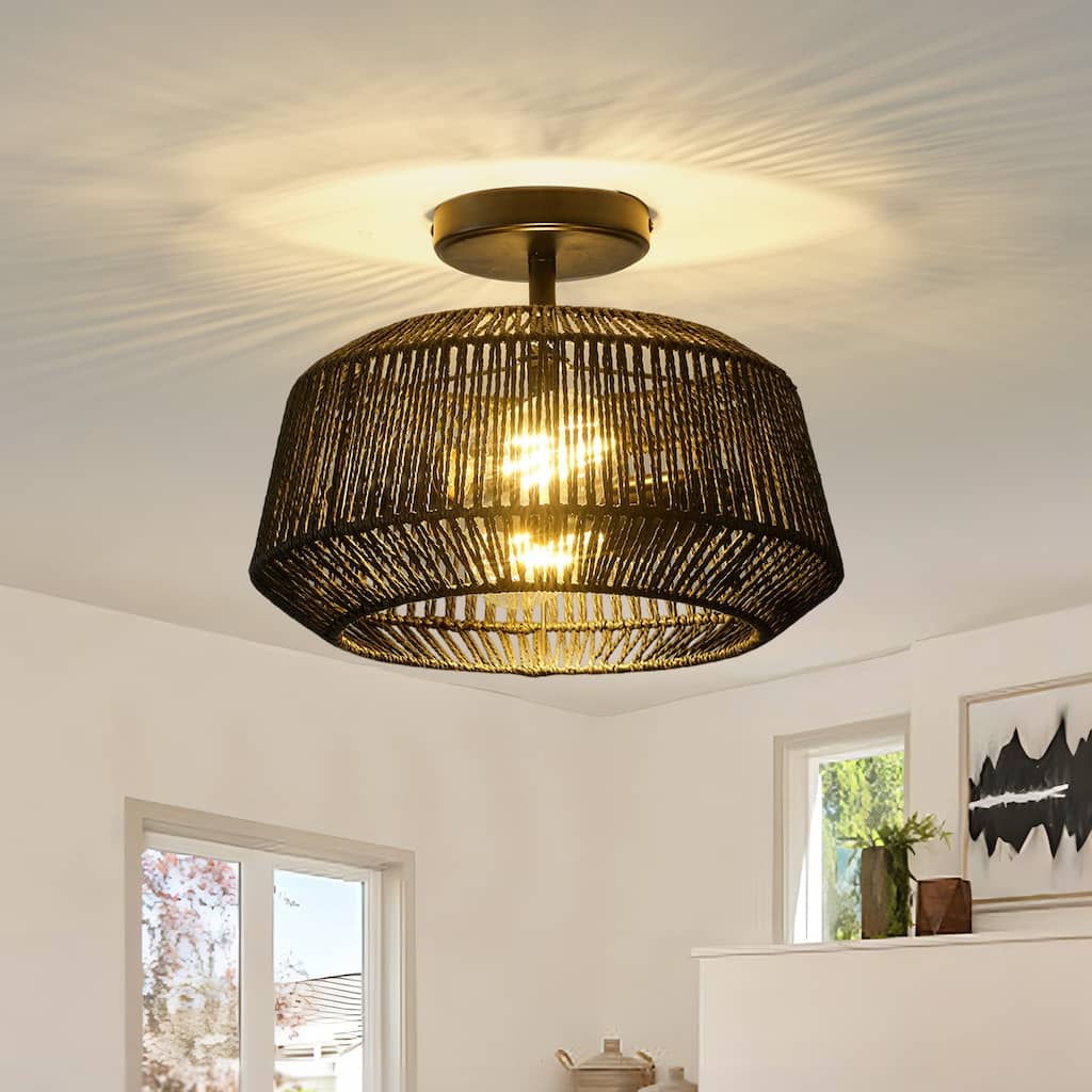 Starsky 2-Light Modern Bohemian Ceiling Light Drum Semi Flush Mount with Natural Handmade Rope Paper Shade