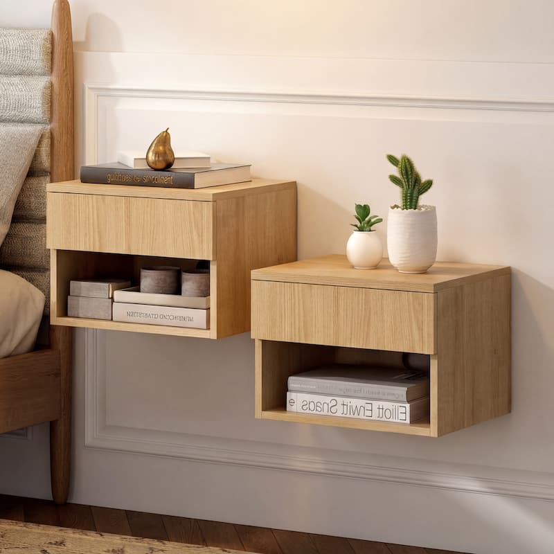 JONATHAN Y Celerie 15.71" Mid-Century Modern Floating Wall Mounted Nightstand with Soft-Close Drawer and Cable Hole - Light Oak -(Set of 2)